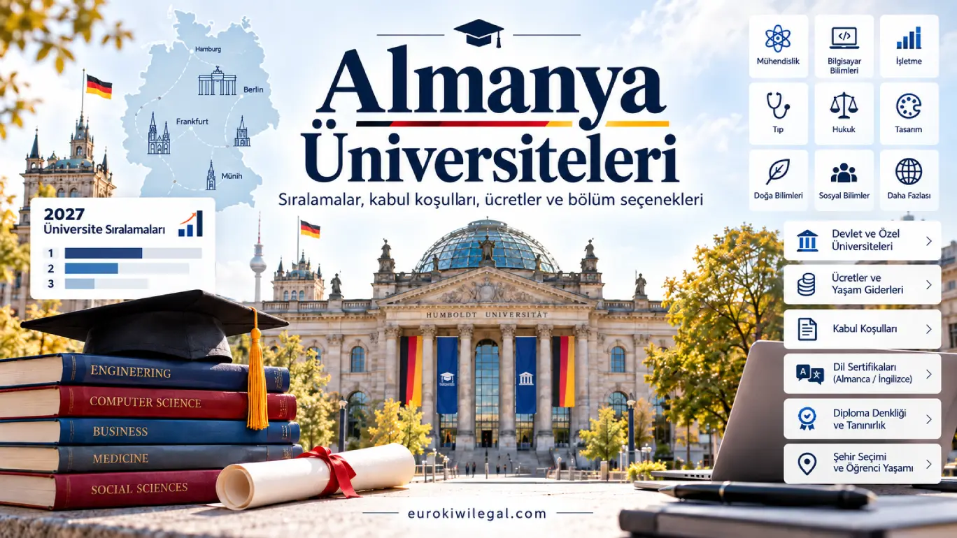 Almanya üniversiteleri, 2027 üniversite sıralamaları, bölümler ve kabul koşullarını anlatan rehber kapak görseli